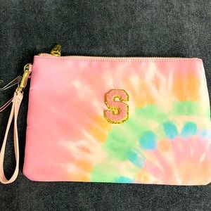 Initial S Stoney clover lane rainbow wristlet pouch with pink and gold patch